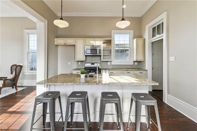 kitchen with tasteful backsplash, appliances with stainless steel finishes, a wealth of natural light, and dark wood-style flooring