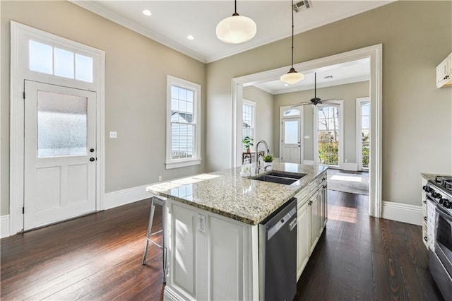 kitchen featuring dark wood-style floors, visible vents, a sink, appliances with stainless steel finishes, and a wealth of natural light