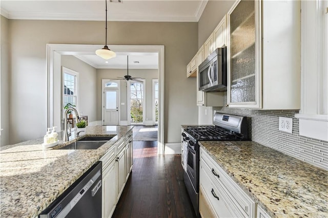 kitchen with glass insert cabinets, crown molding, dark wood finished floors, appliances with stainless steel finishes, and a sink