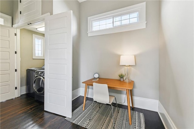 home office featuring plenty of natural light, baseboards, and dark wood-style flooring