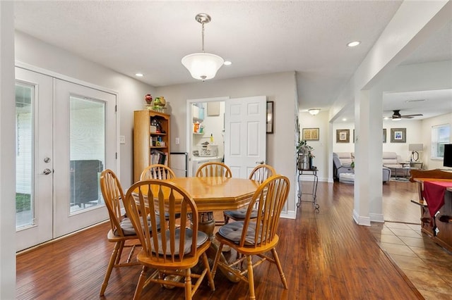 dining space with recessed lighting, french doors, dark wood-style floors, and ceiling fan