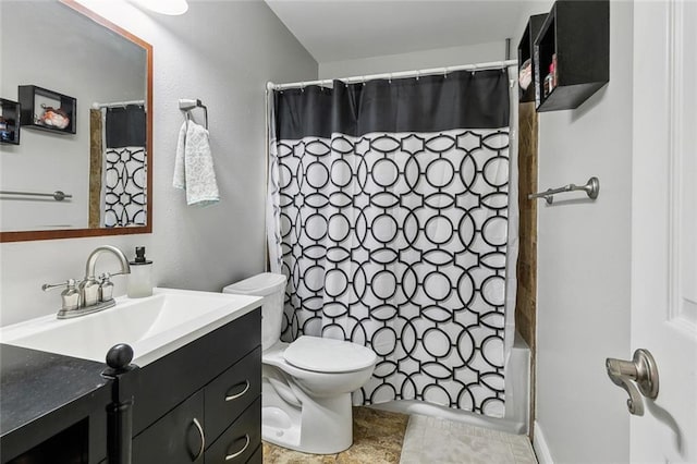 bathroom with vanity, toilet, and shower / tub combo with curtain