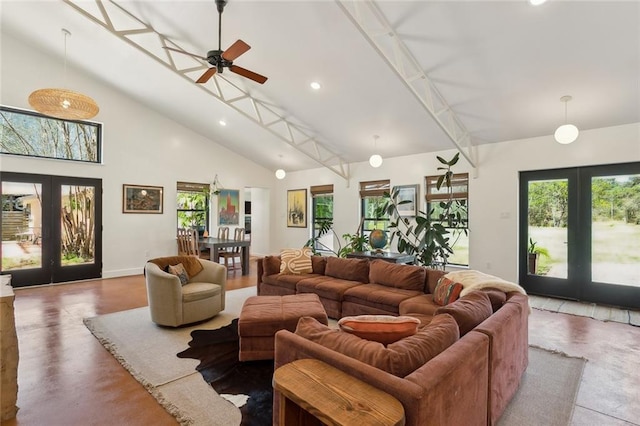 living area with high vaulted ceiling, recessed lighting, french doors, baseboards, and ceiling fan