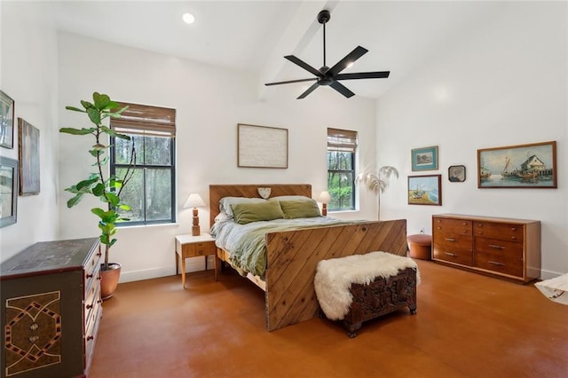 bedroom with lofted ceiling, carpet flooring, baseboards, and ceiling fan