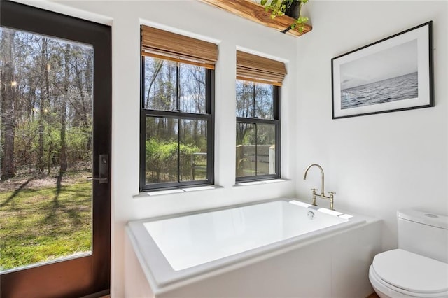 bathroom with toilet and a soaking tub