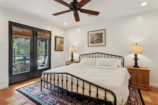 bedroom with access to outside, recessed lighting, french doors, and light tile patterned flooring