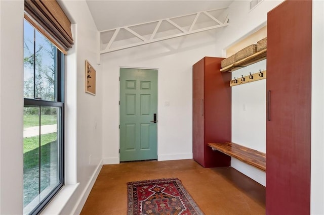 mudroom with concrete floors, baseboards, and a healthy amount of sunlight