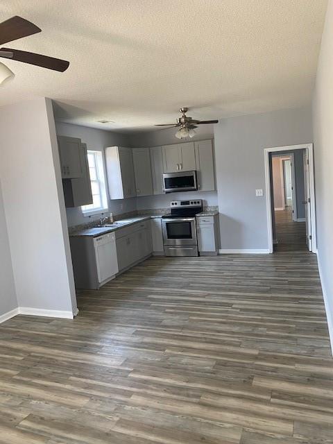 kitchen featuring gray cabinetry, wood finished floors, appliances with stainless steel finishes, and ceiling fan