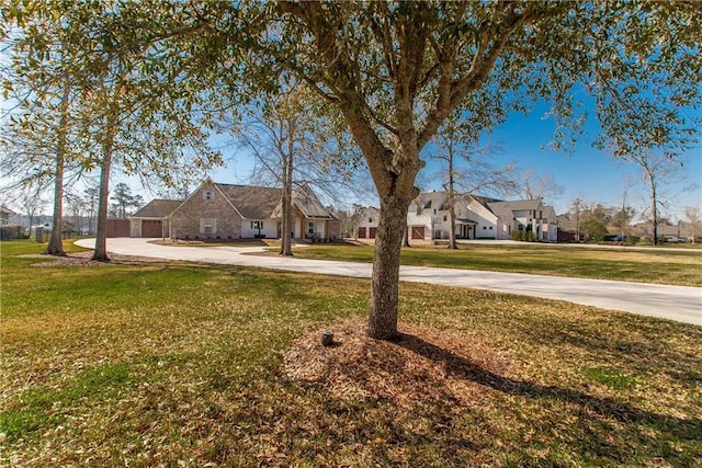 view of yard featuring a residential view and curved driveway