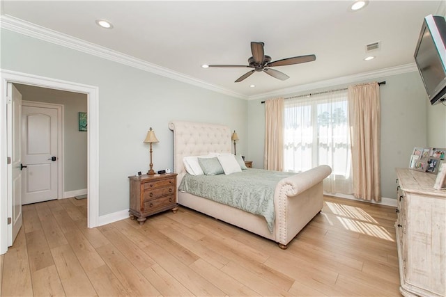 30648 Carter Cemetery Rd, Springfield, LA 70462 - bedroom featuring visible vents, baseboards, recessed lighting, light wood-style floors, and crown molding