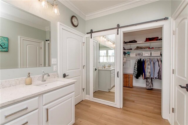 30648 Carter Cemetery Rd, Springfield, LA 70462 - bathroom with a spacious closet, vanity, crown molding, and wood finished floors