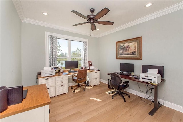 office with a ceiling fan, baseboards, light wood-type flooring, and ornamental molding