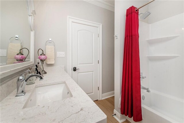 30648 Carter Cemetery Rd, Springfield, LA 70462 - full bathroom with shower / bathtub combination with curtain, wood finished floors, and vanity