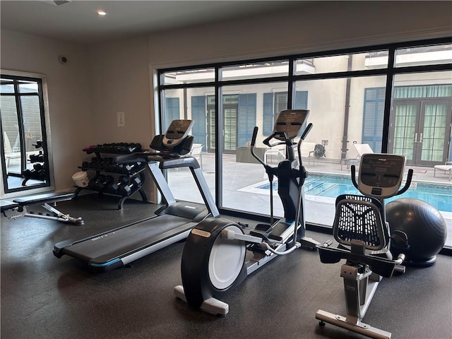 workout area featuring plenty of natural light and french doors