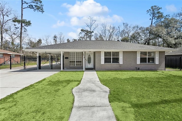 view of front of home featuring an attached carport, a front yard, fence, driveway, and brick siding