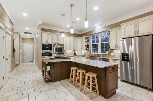 kitchen featuring open shelves, a kitchen island, decorative backsplash, stainless steel appliances, and a sink