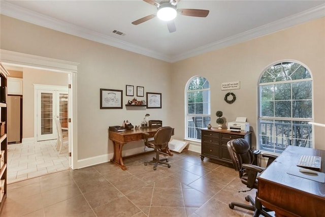 home office with light tile patterned floors, a ceiling fan, visible vents, french doors, and crown molding