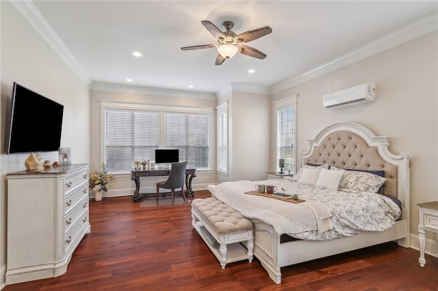 bedroom featuring baseboards, dark wood finished floors, ornamental molding, and a wall mounted AC