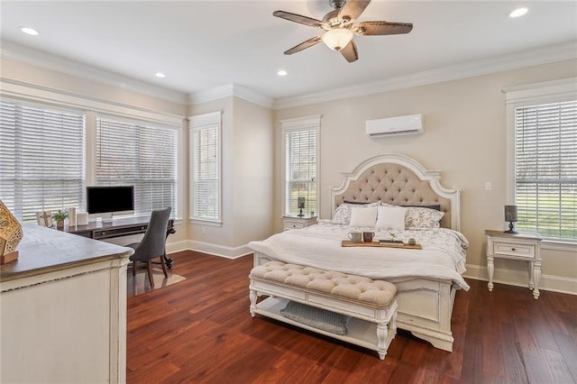 bedroom with baseboards, dark wood finished floors, crown molding, and a wall unit AC