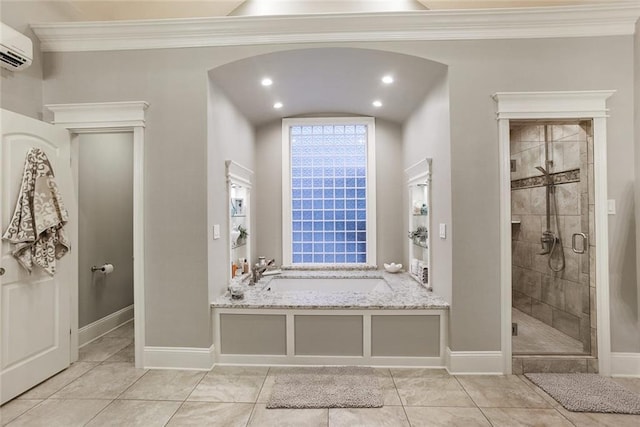 full bath with a garden tub, a stall shower, a wall unit AC, and ornamental molding