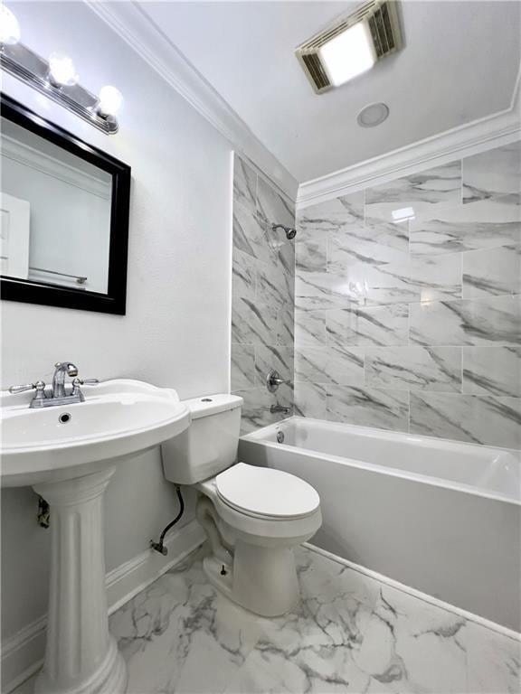 full bathroom with visible vents, shower / tub combination, crown molding, toilet, and marble finish floor