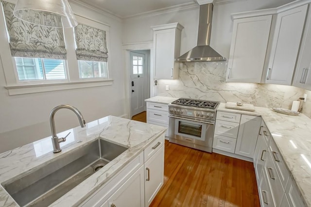 kitchen with a sink, wood finished floors, stainless steel stove, wall chimney exhaust hood, and crown molding