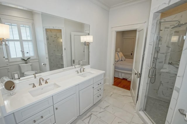 full bathroom with a sink, a marble finish shower, and marble finish floor