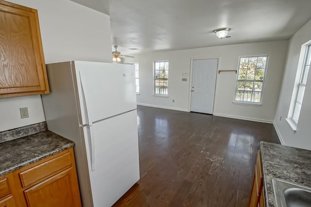 kitchen with ceiling fan, a wealth of natural light, freestanding refrigerator, and a sink