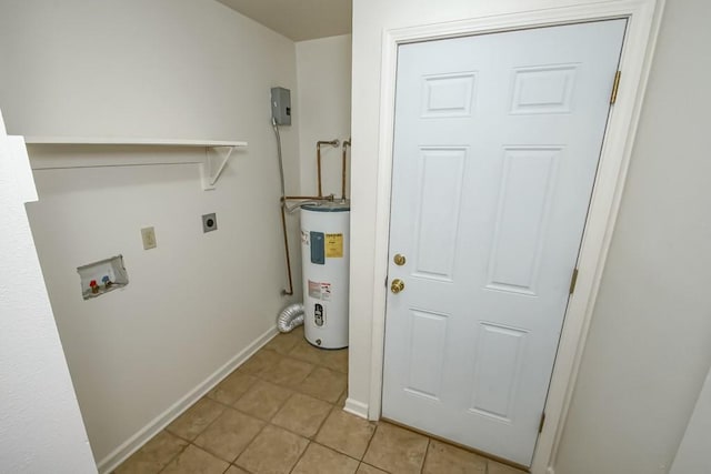 washroom featuring electric dryer hookup, electric water heater, light tile patterned floors, hookup for a washing machine, and laundry area