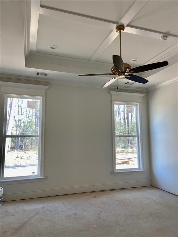 unfurnished room with visible vents, ceiling fan, and crown molding