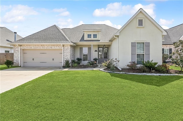 view of front of house with an attached garage, a shingled roof, a front lawn, and concrete driveway