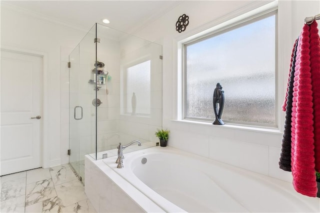 full bathroom with a bath, marble finish floor, a stall shower, and a healthy amount of sunlight