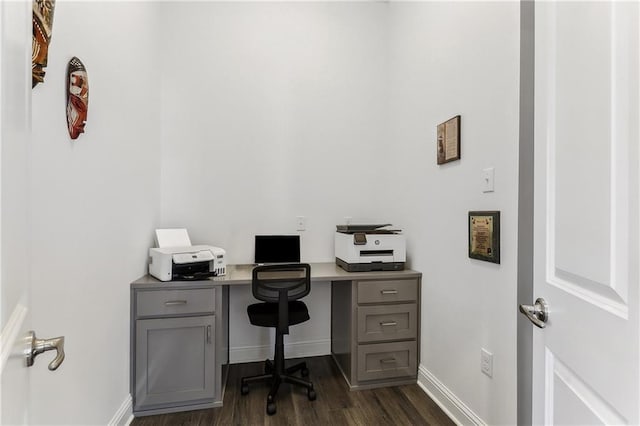 office area featuring baseboards and dark wood-style flooring