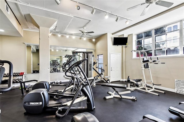 exercise room featuring visible vents, baseboards, ceiling fan, and track lighting