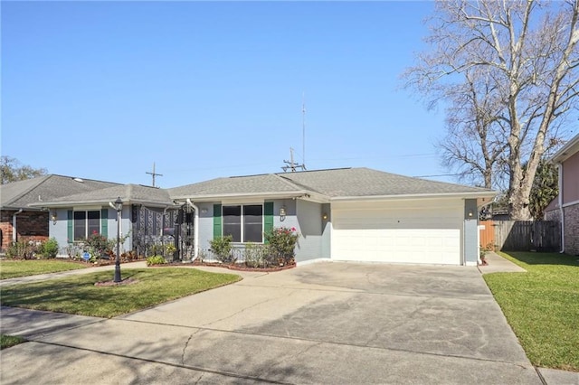 single story home featuring a garage, concrete driveway, a front lawn, and fence