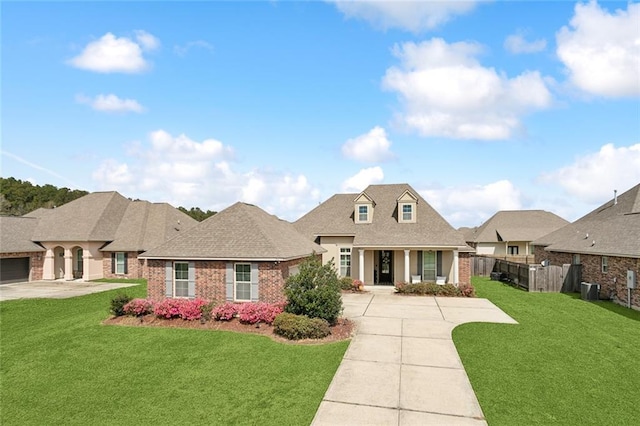 view of front facade featuring a front yard, fence, brick siding, and driveway