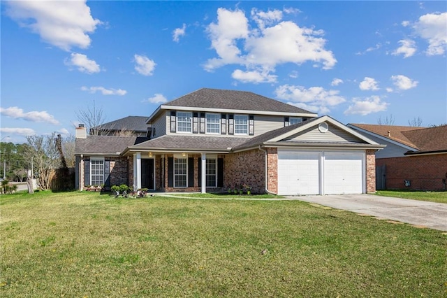 traditional-style house with a front yard, concrete driveway, brick siding, and an attached garage