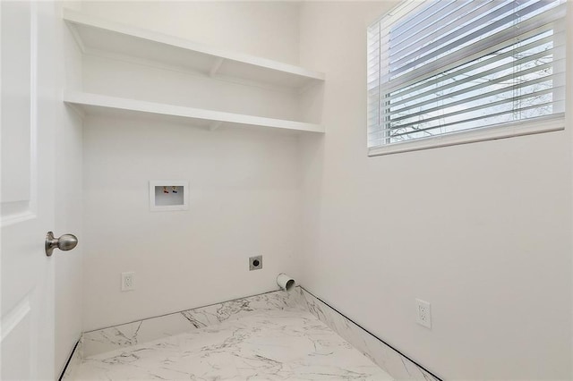 laundry area with washer hookup, laundry area, marble finish floor, and hookup for an electric dryer