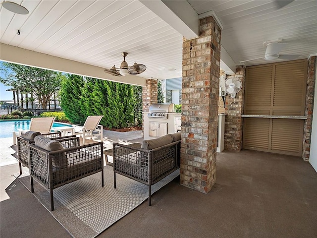 view of patio / terrace featuring an outdoor hangout area, a ceiling fan, an outdoor pool, and a grill