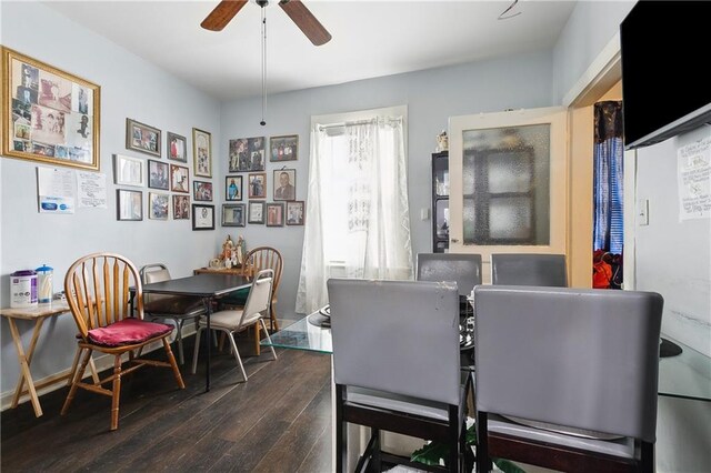 dining space featuring a ceiling fan and dark wood-style flooring