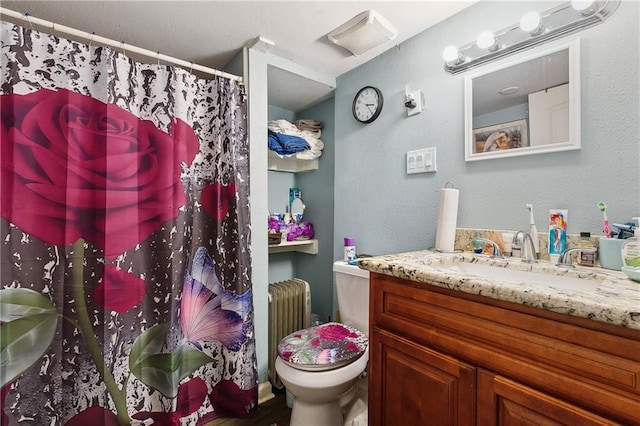 bathroom with toilet, radiator heating unit, vanity, a shower with curtain, and a textured wall