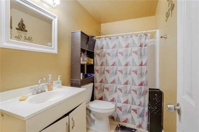 full bath featuring a shower with shower curtain, toilet, vanity, and tile patterned flooring