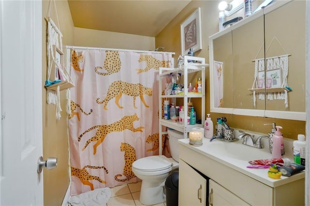 bathroom with tile patterned flooring, a shower with shower curtain, toilet, and vanity