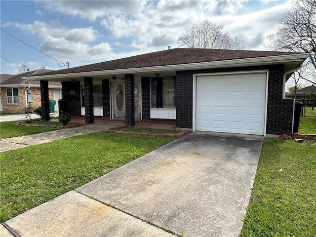 ranch-style home with a garage, driveway, brick siding, and a front yard