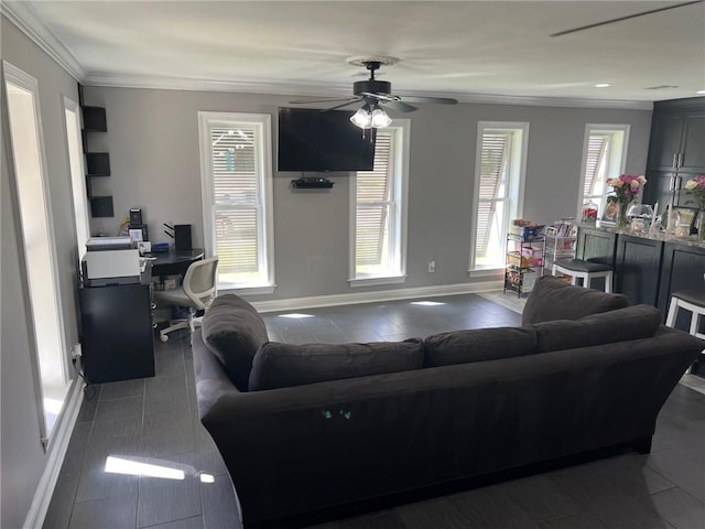 living area featuring baseboards, a ceiling fan, and crown molding