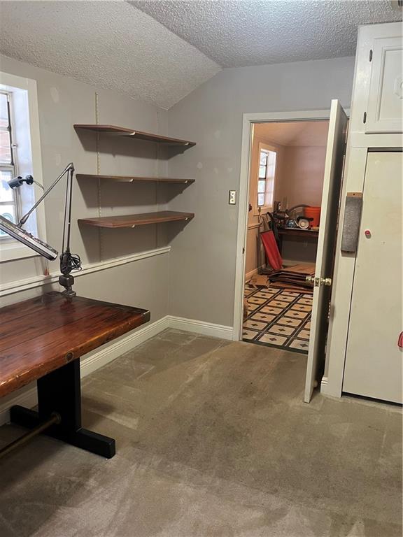 office area featuring baseboards, light colored carpet, a textured ceiling, and lofted ceiling