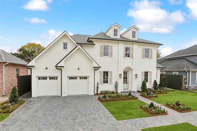 view of front of home featuring a front yard, decorative driveway, fence, and a garage