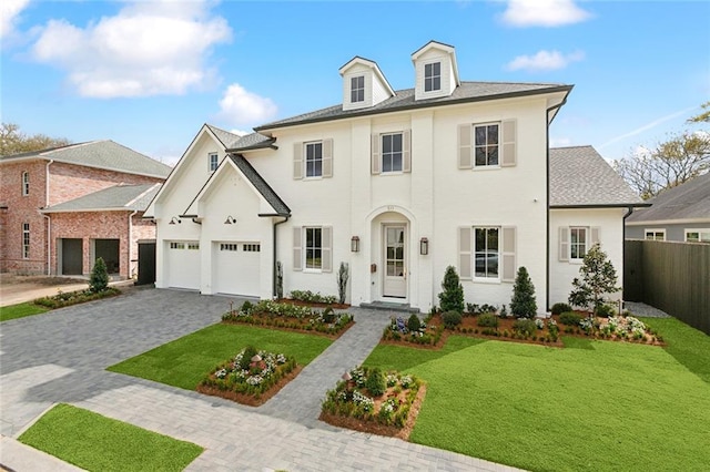 view of front of home with stucco siding, a front lawn, decorative driveway, fence, and a garage