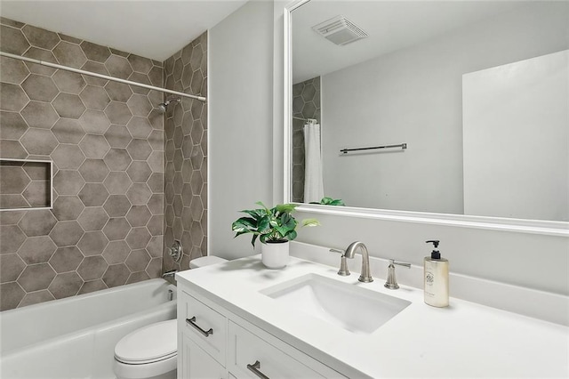 full bathroom featuring visible vents, shower / bathtub combination with curtain, toilet, and vanity