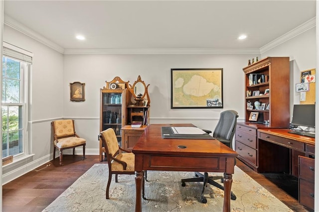 office space with recessed lighting, baseboards, dark wood-style flooring, and crown molding